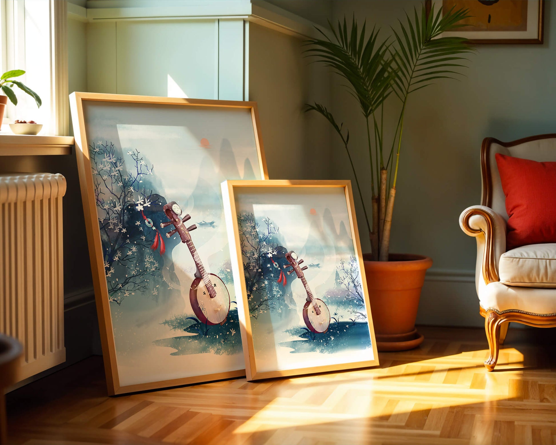 Paisaje tradicional chino con instrumento musical y flores