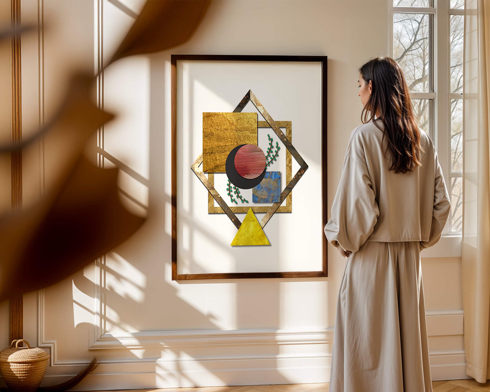 Modern geometric abstract art with vibrant colors and gold accents