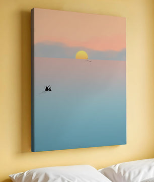 Serene Sunset with Silhouettes and Birds over a Calm Sea