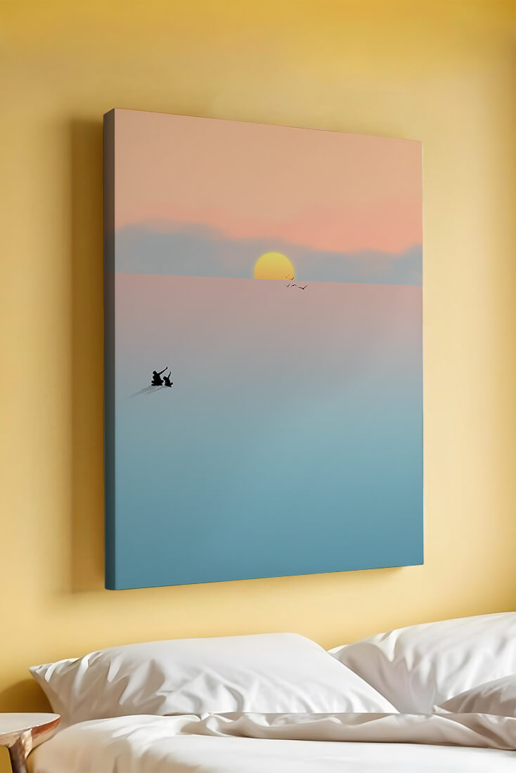Serene Sunset with Silhouettes and Birds over a Calm Sea