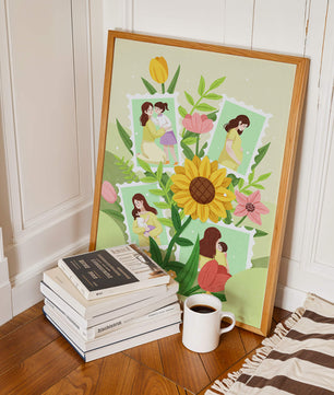 Ilustración de momentos familiares con fondo floral vibrante