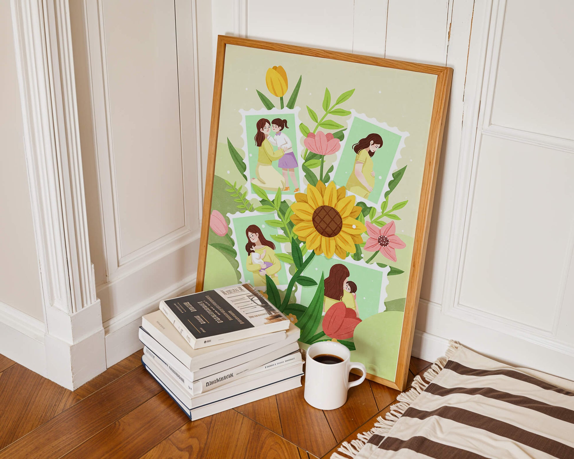 Ilustración de momentos familiares con fondo floral vibrante