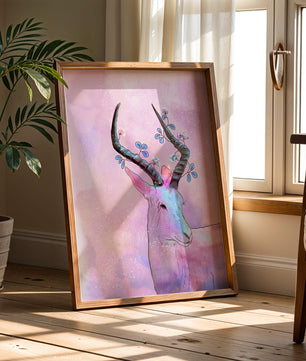 Pastel watercolor illustration of antelope with floral horns