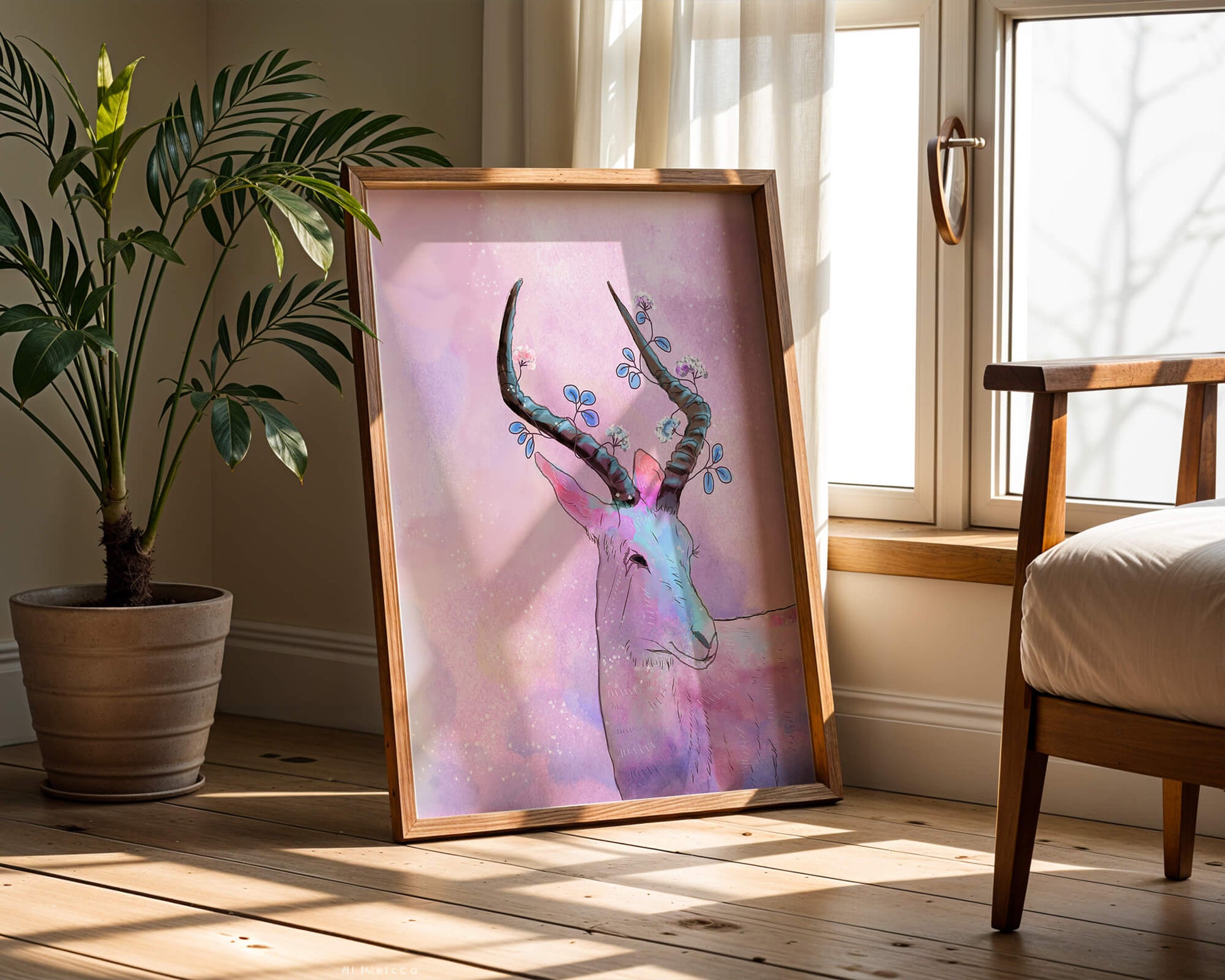 Pastel watercolor illustration of antelope with floral horns