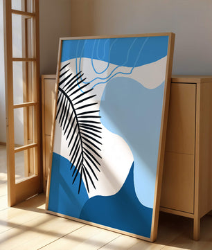 Hoja de palma abstracta sobre fondo azul con líneas fluidas