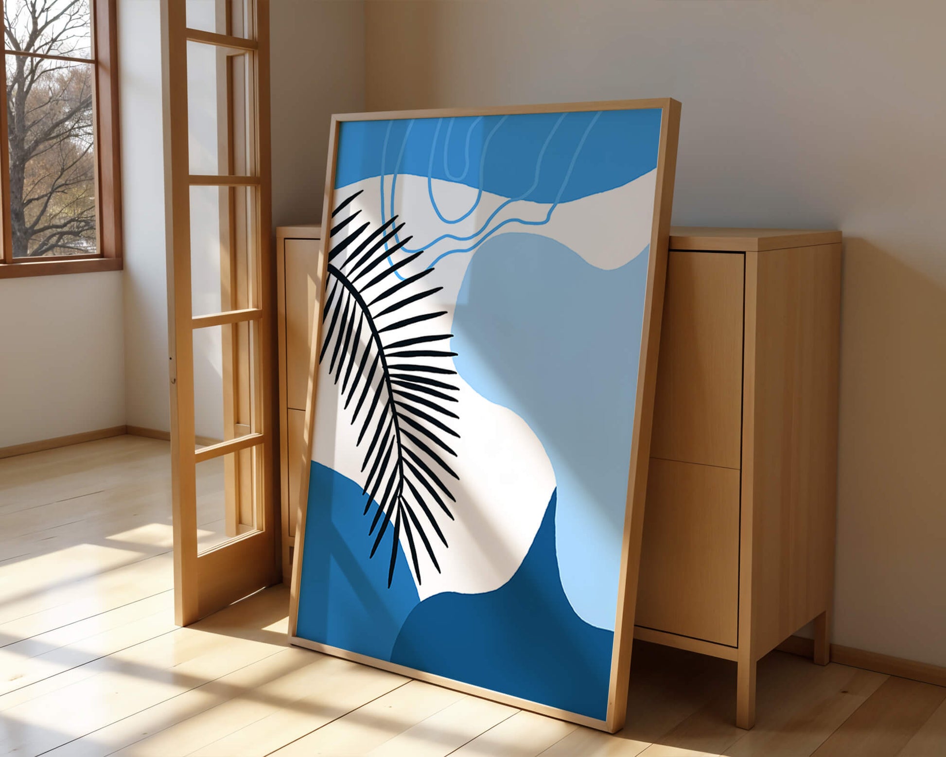 Hoja de palma abstracta sobre fondo azul con líneas fluidas