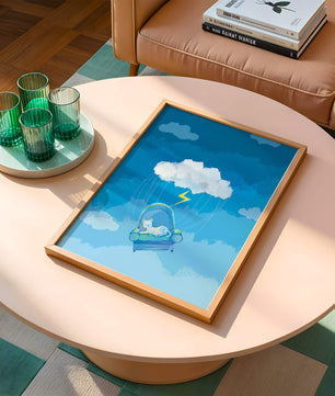 Gato soñador en un sillón flotante en un cielo nublado surrealista