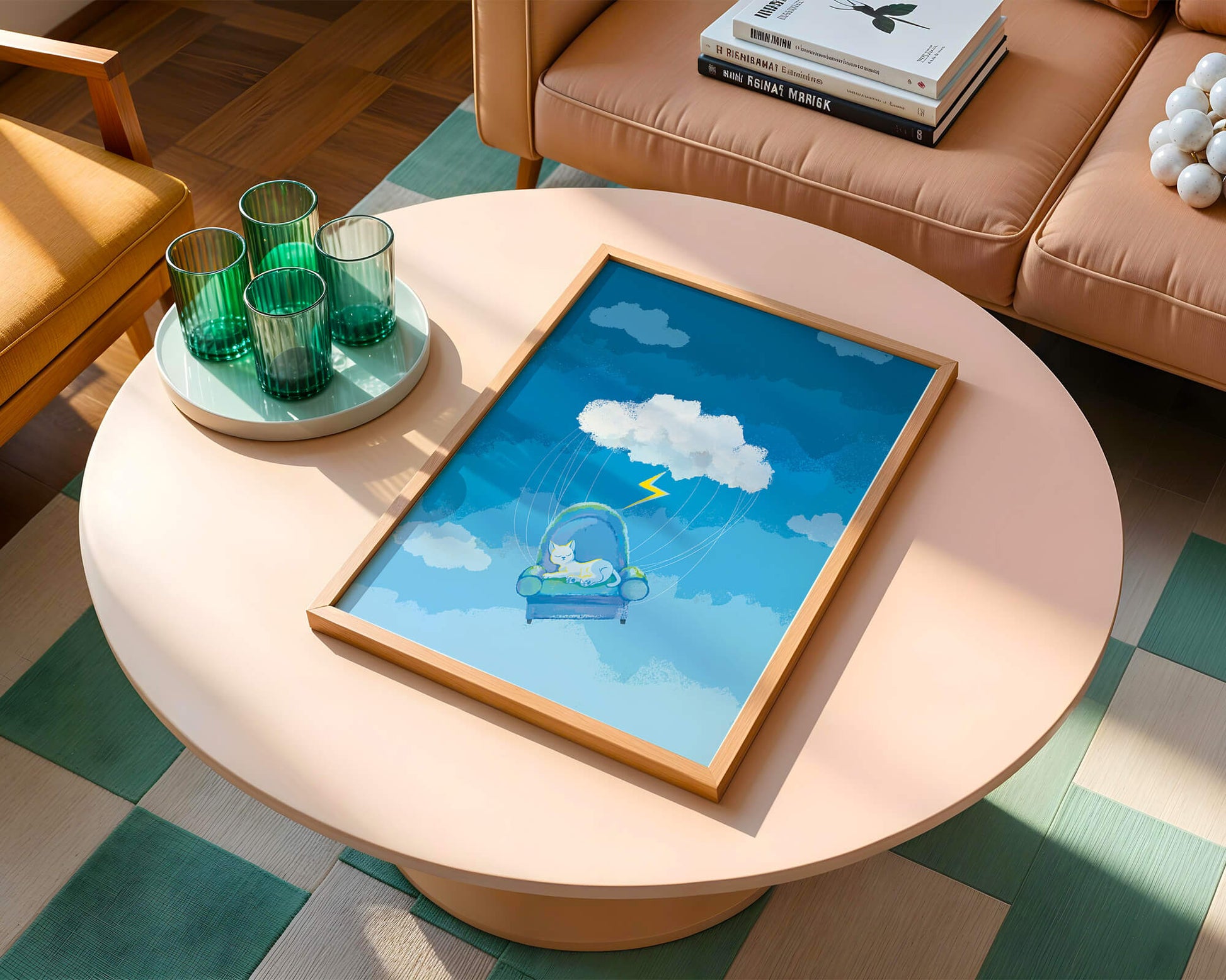 Dreamy Cat on a Floating Armchair in a Surreal Cloudy Sky