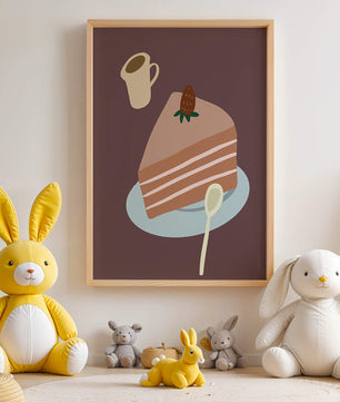Ilustración de una porción de pastel con fresa y café