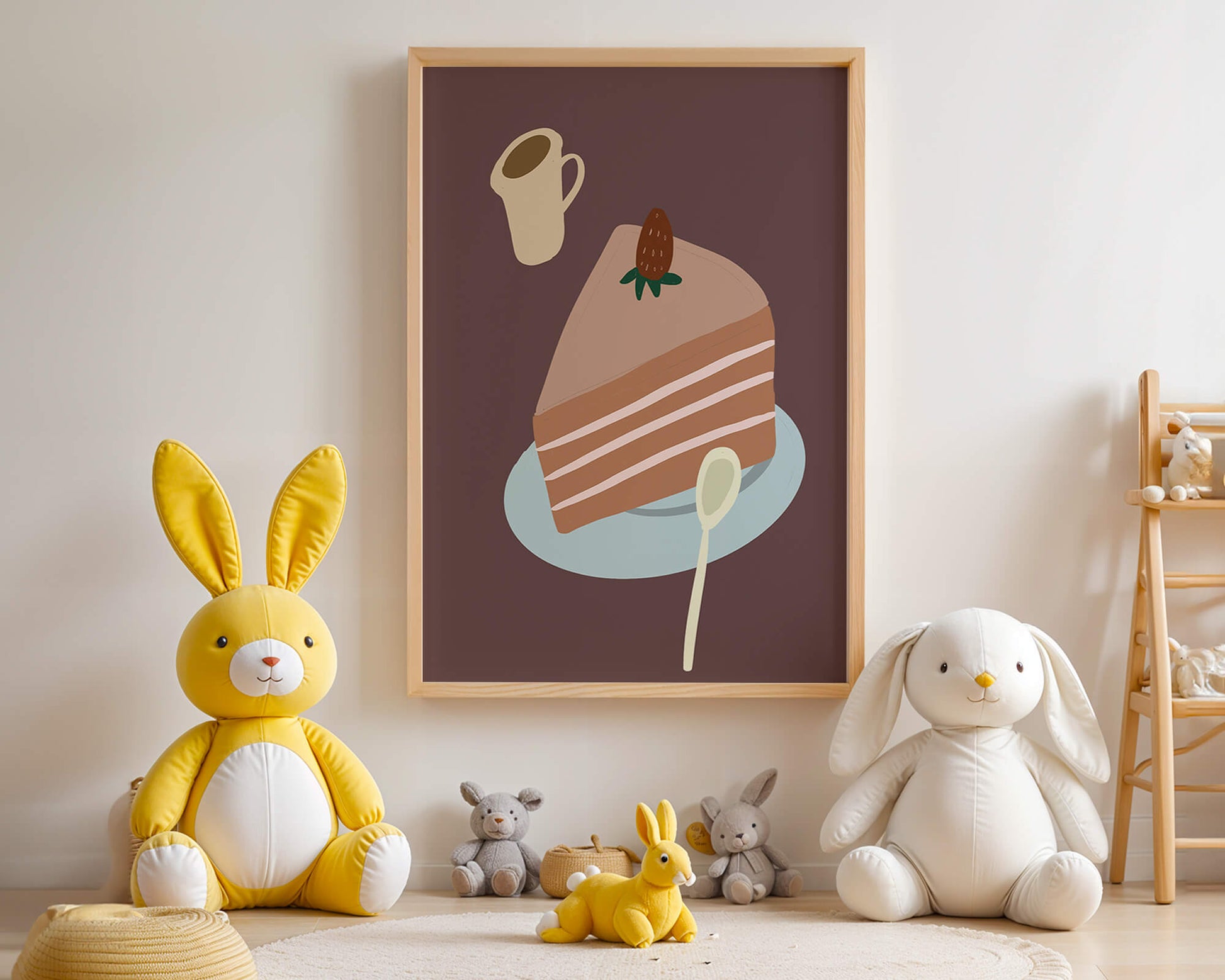 Illustration of a cake slice with strawberry and coffee