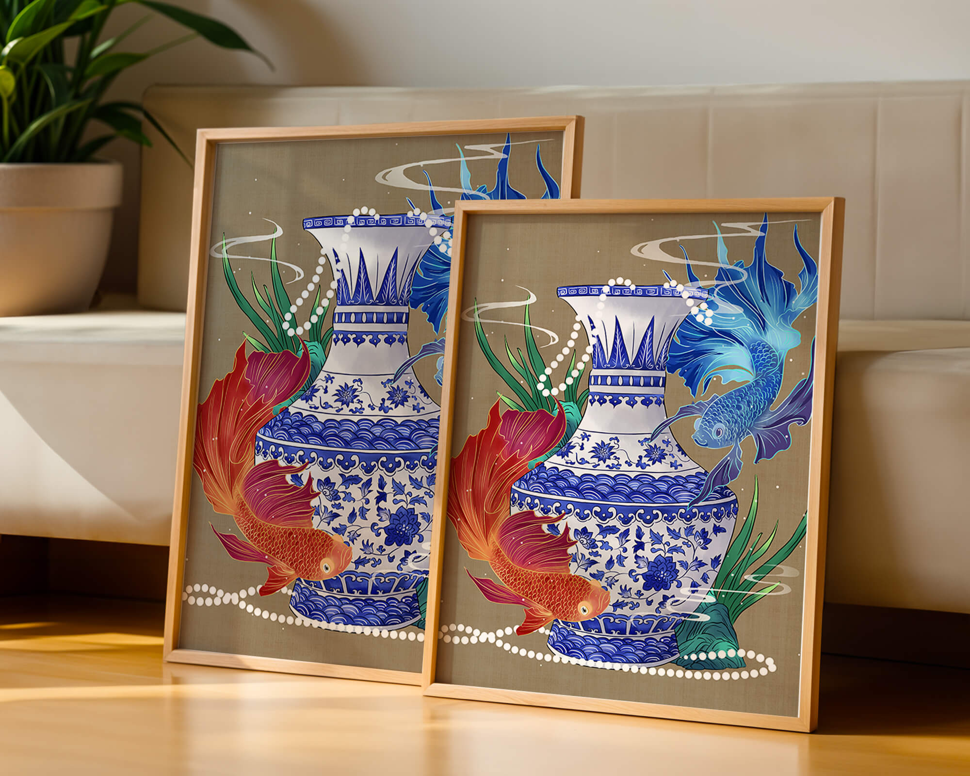Elegant ceramic vase with vibrant fish and floral design