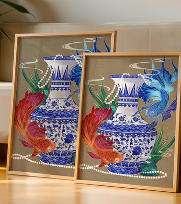 Elegant ceramic vase with vibrant fish and floral design