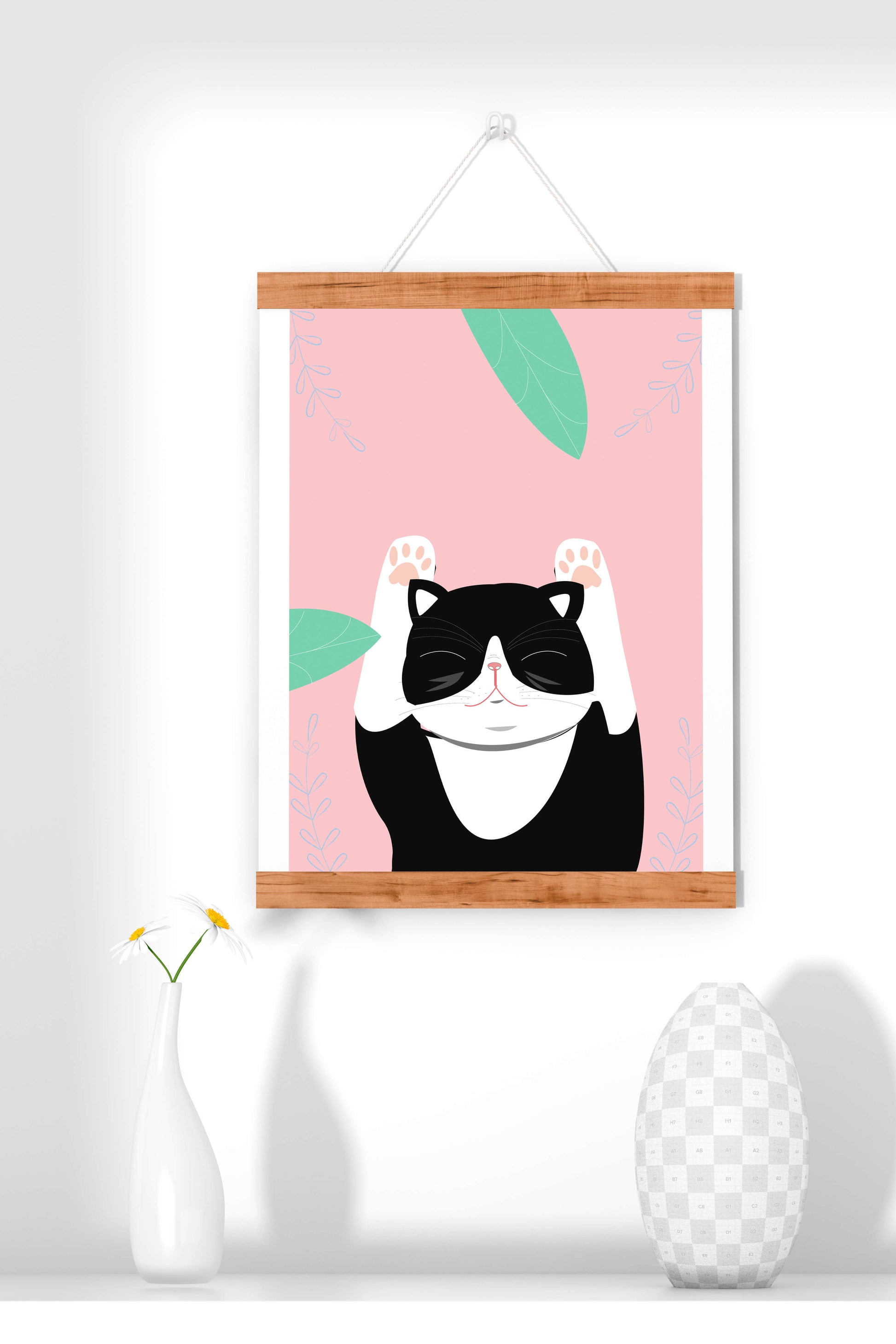 Illustrated cat on pink background with leaves