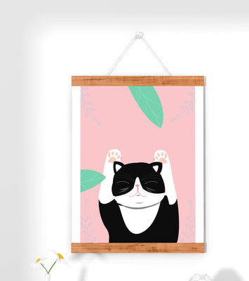 Illustrated cat on pink background with leaves