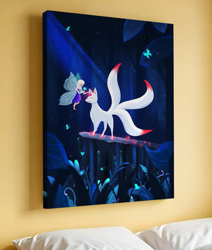 Enchanted forest with fairy and mystical creature under moonlit sky