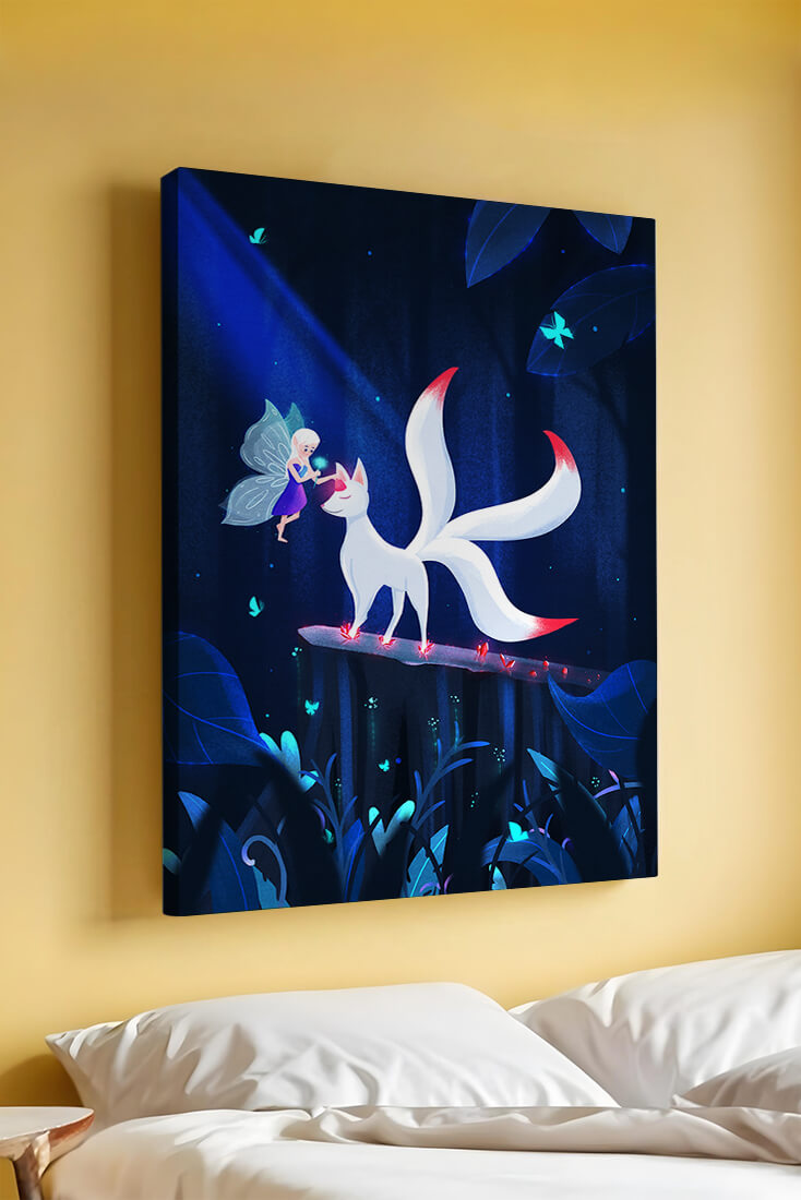 Enchanted forest with fairy and mystical creature under moonlit sky