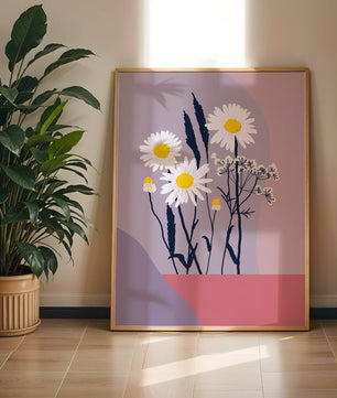 Zarte weiße Gänseblümchen mit gelben Zentren auf modernem Pastell-Hintergrund