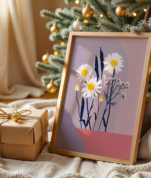 Illustrative floral artwork with daisies and abstract background