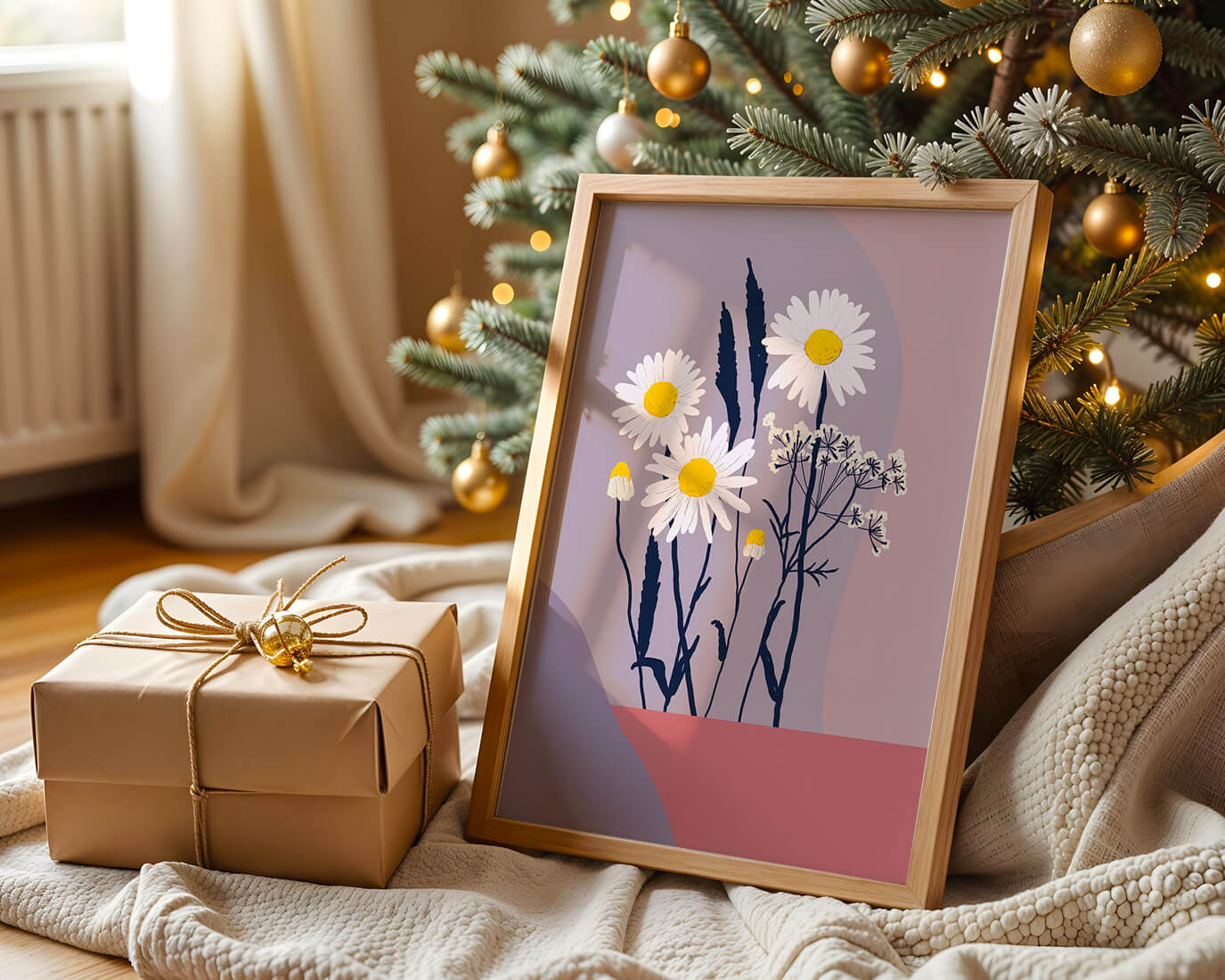 Illustrative floral artwork with daisies and abstract background