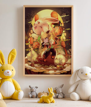 Fantasy scene with rabbit and character amid fireworks and lanterns