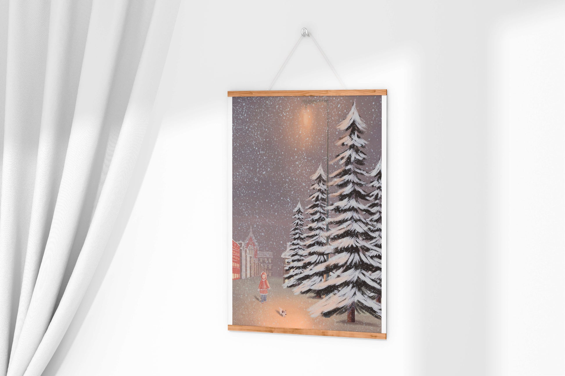 Snowy winter scene with a child and dog in a charming town