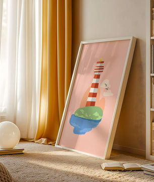 Ilustración encantadora de un faro con un entorno costero tranquilo