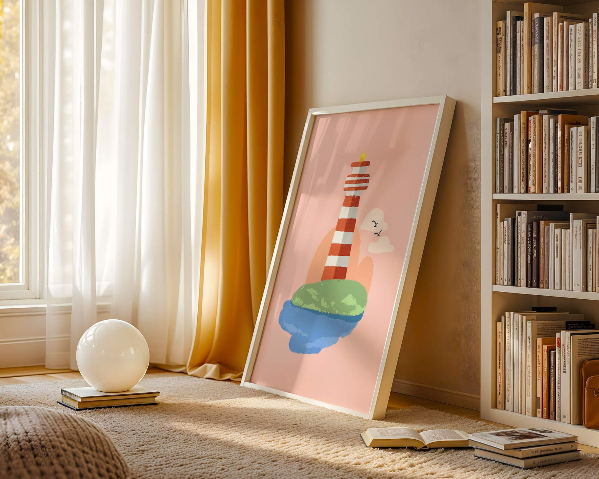 Ilustración encantadora de un faro con un entorno costero tranquilo