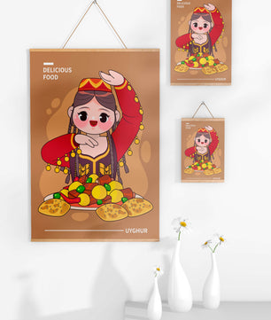 Illustration d’une figure culturelle ouïghoure portant un costume traditionnel et partageant un repas festif