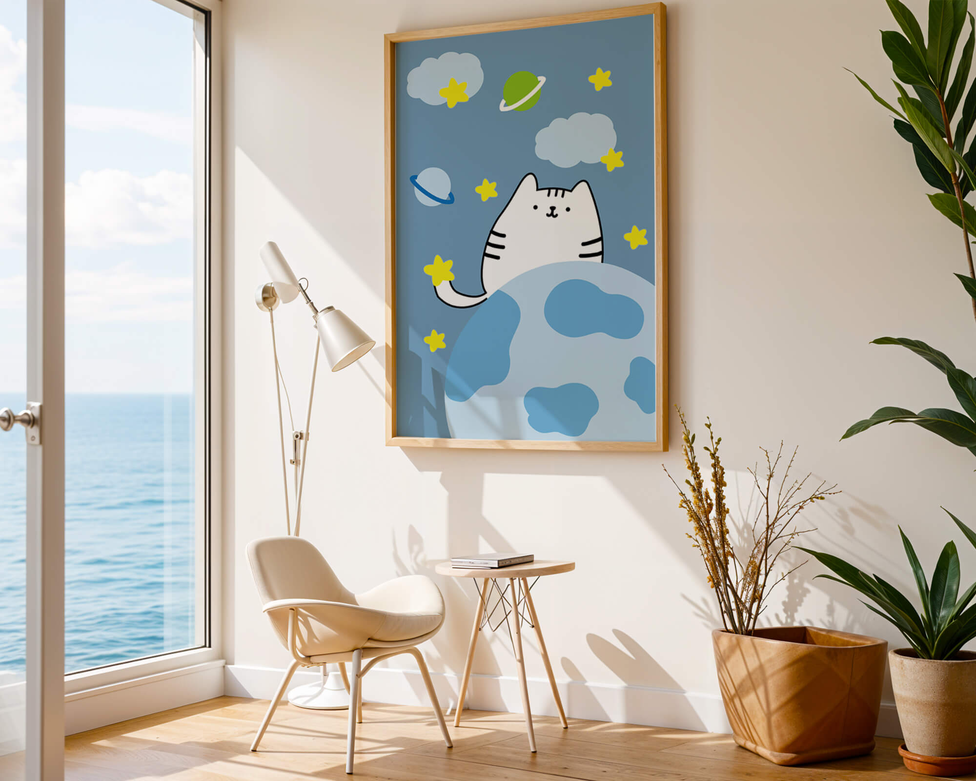 Charming illustration of a kitten in a whimsical space scene with clouds and stars
