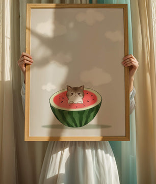 Whimsical art of a kitten in watermelon with clouds