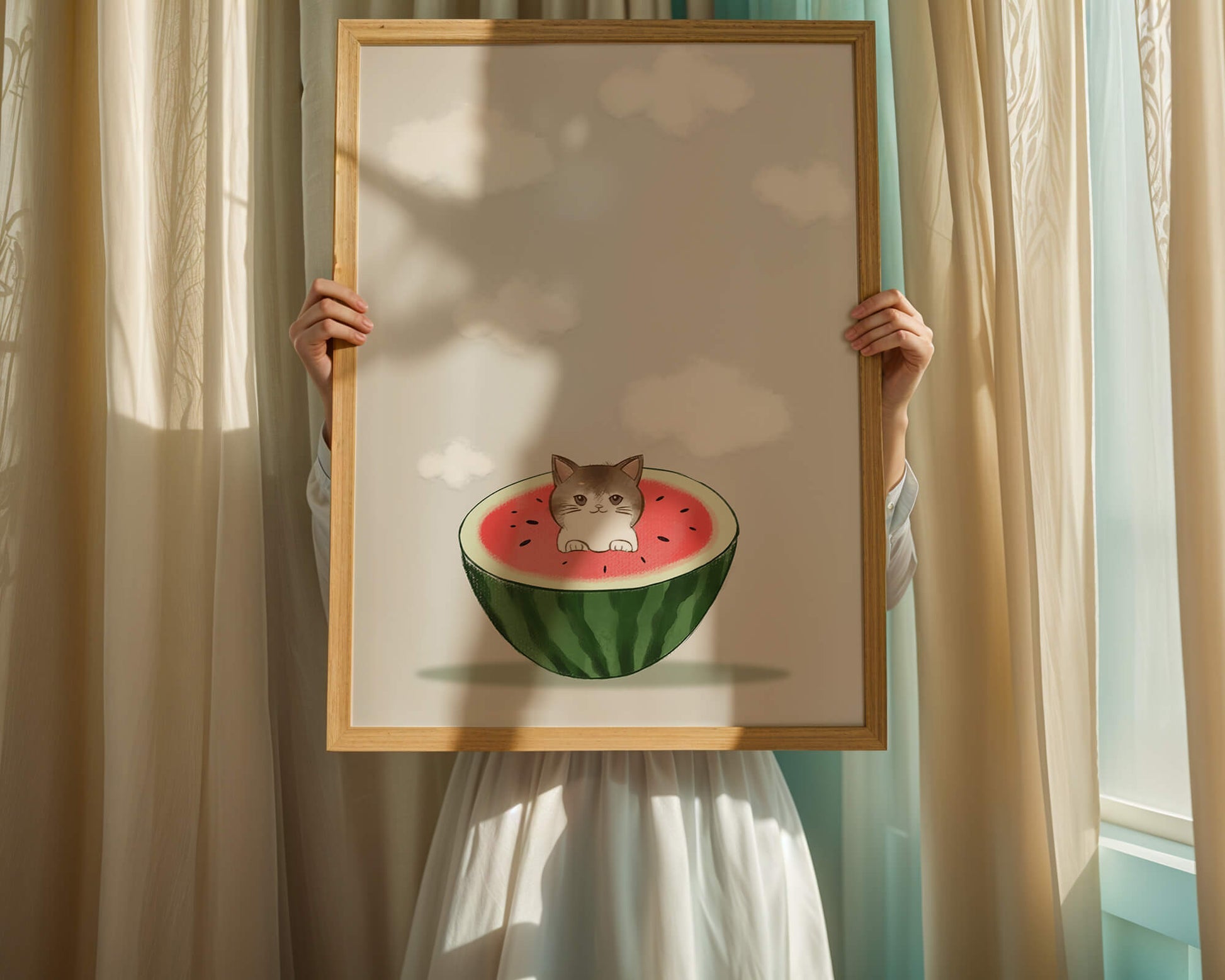Whimsical art of a kitten in watermelon with clouds