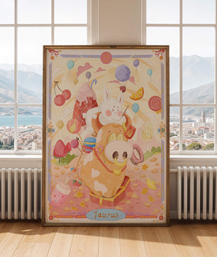 A whimsical Taurus zodiac illustration with playful animals and sweet treats