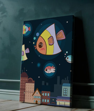 Poisson de dessin animé flottant au-dessus d'une ville nocturne avec des étoiles