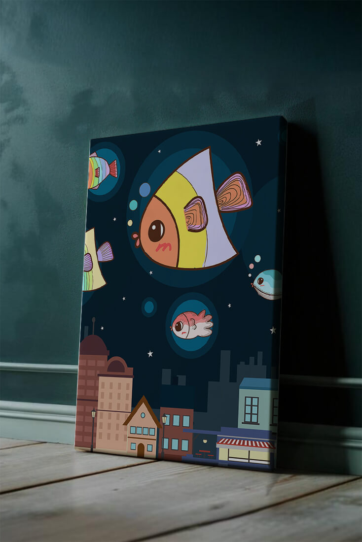 Cartoon Fish Floating Over Night City Scene with Stars