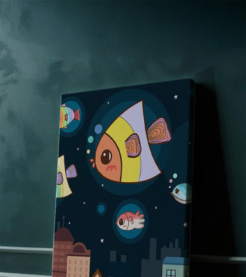 Cartoon Fish Floating Over Night City Scene with Stars