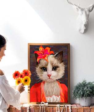Retrato de gato con acentos de flores vibrantes y atuendo colorido