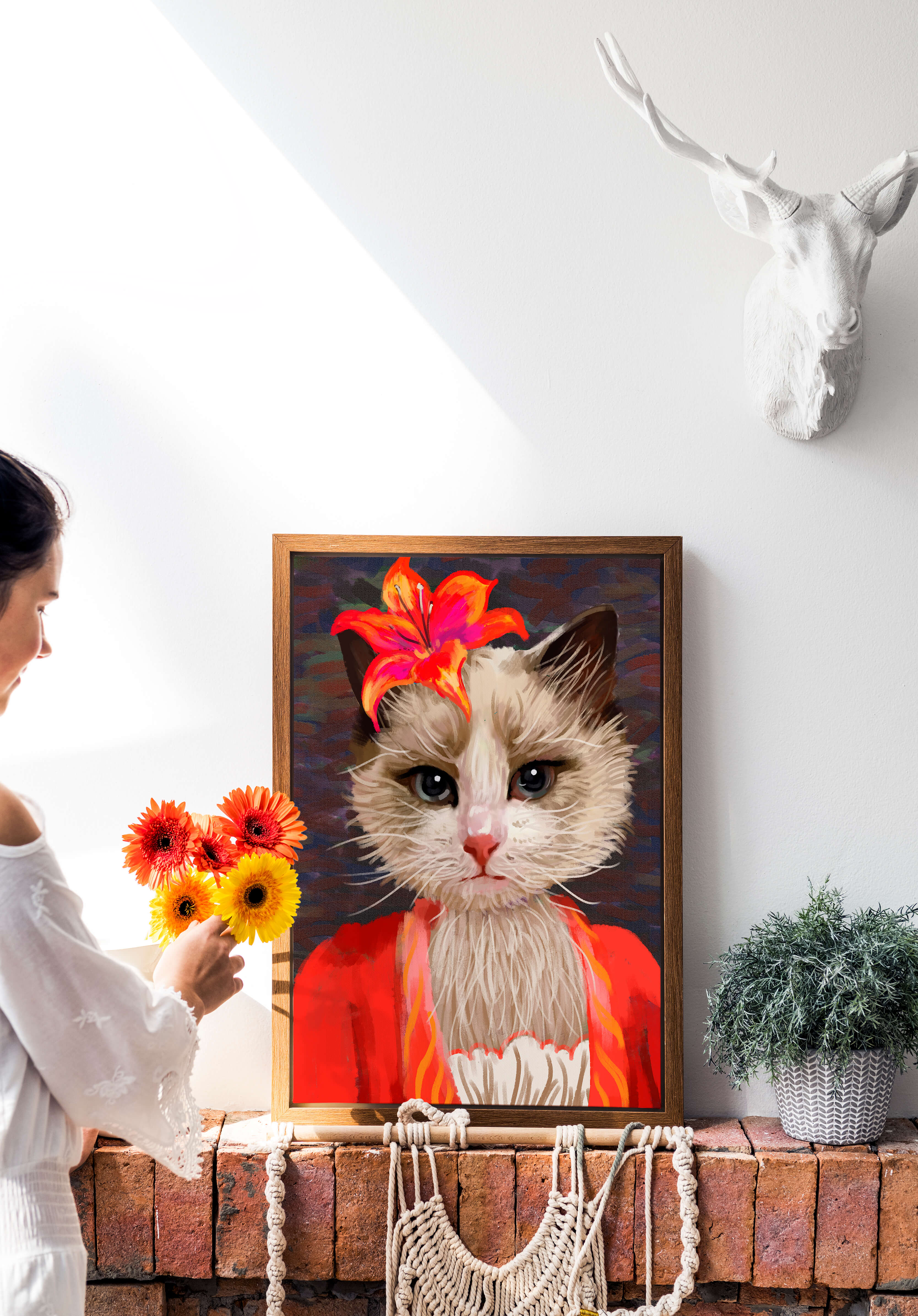 Cat portrait with vibrant flower accent and colorful attire