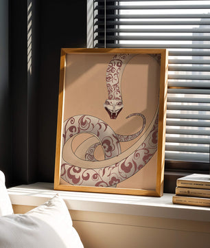 Elegant coiled snake with floral patterns in an artistic composition
