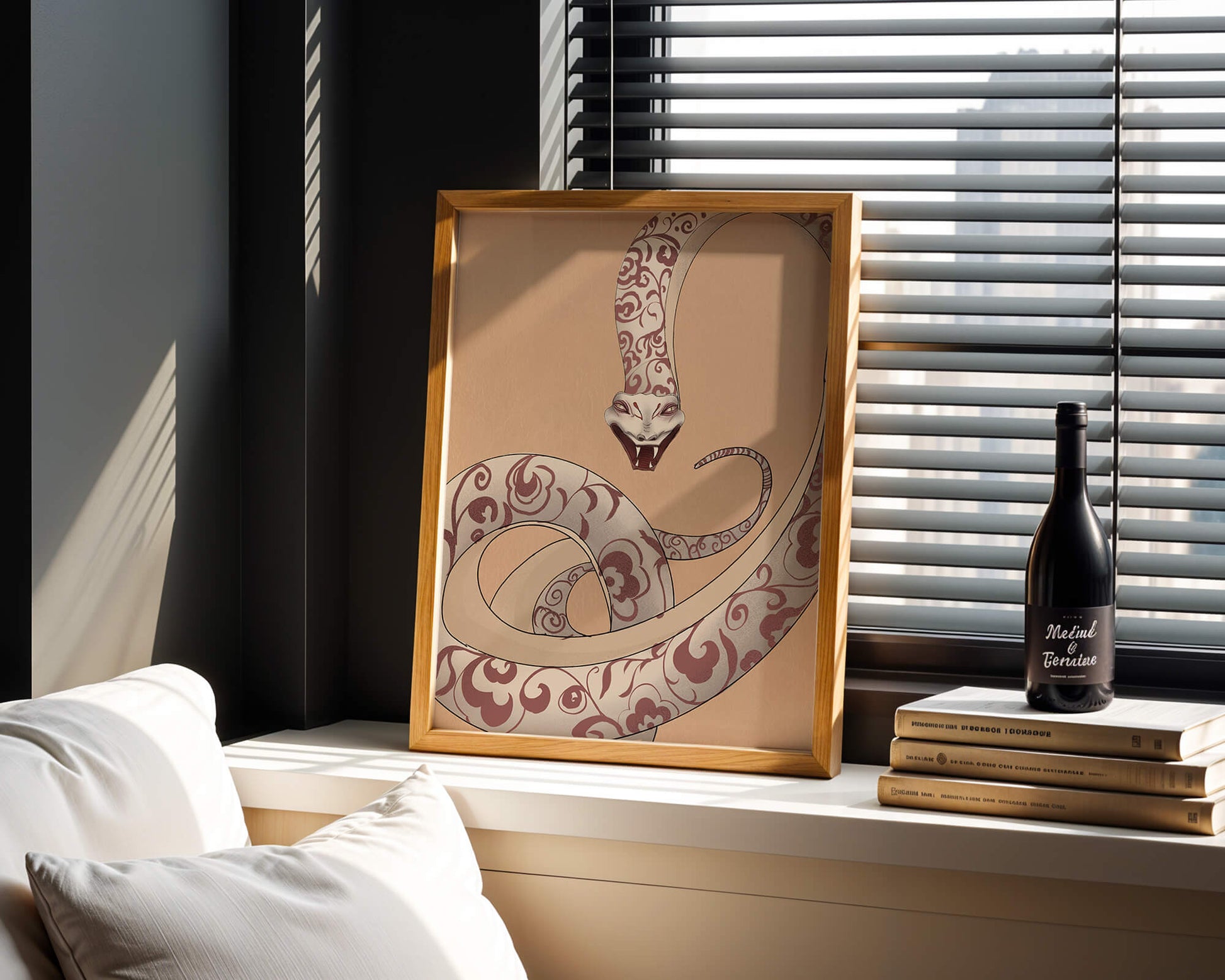 Elegant coiled snake with floral patterns in an artistic composition