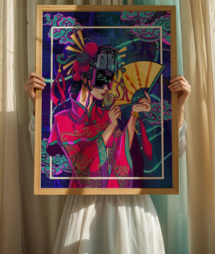 Geisha con traje futurista, elementos de neón y abanico