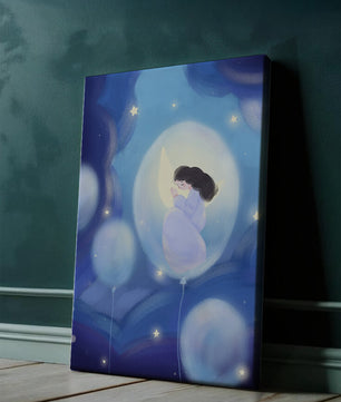 Dreamlike night sky with a girl on a moon enveloped by stars and balloons