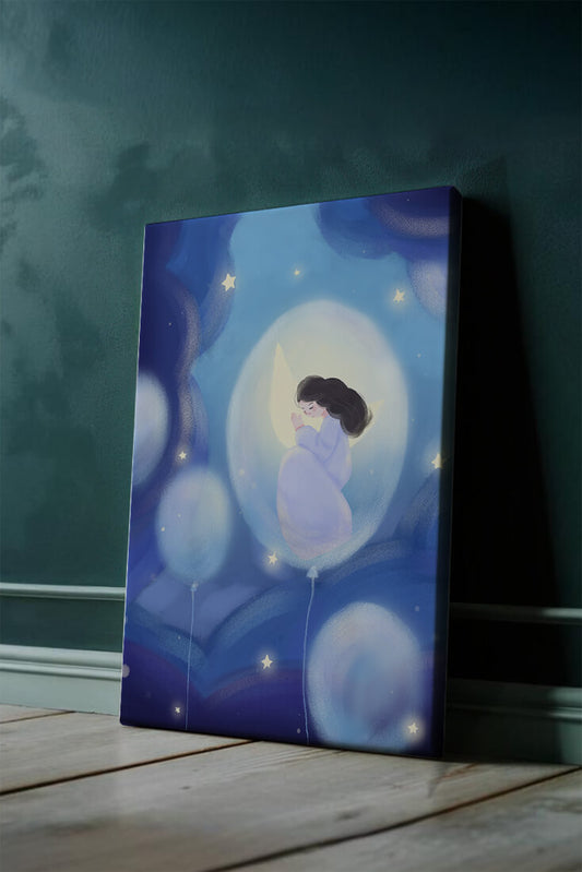 Dreamlike night sky with a girl on a moon enveloped by stars and balloons