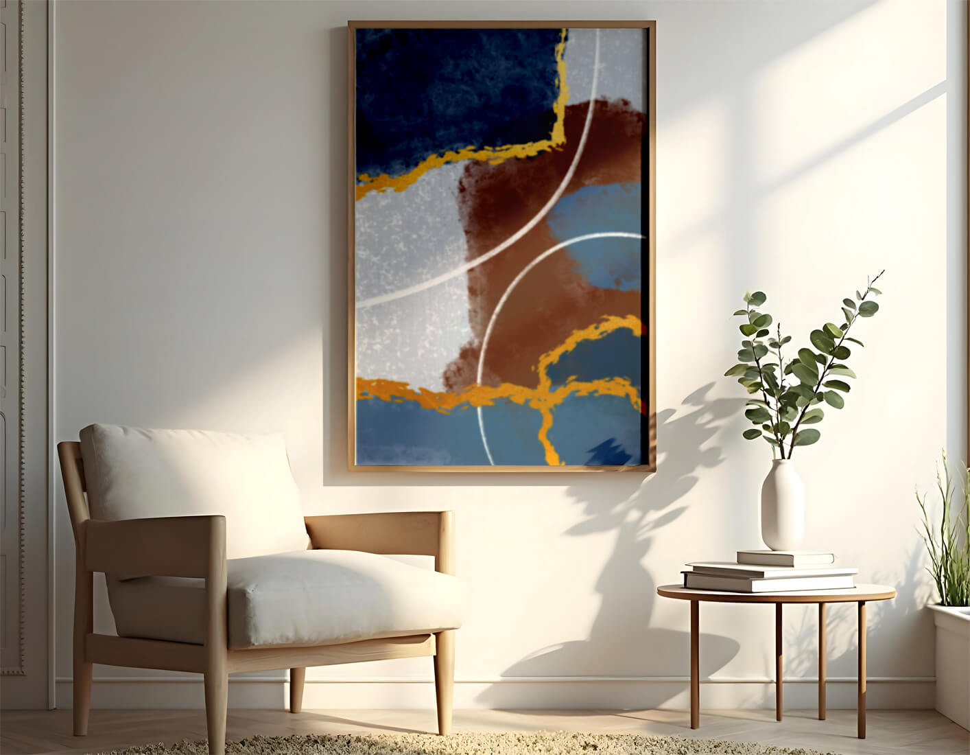 Abstract painting with gold accents and geometric elements