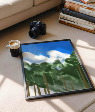 Malerische Waldlandschaft mit blauem Himmel und flauschigen Wolken