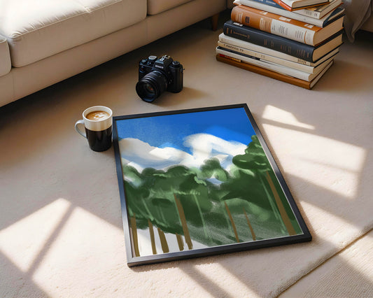 Scenic forest landscape with blue sky and fluffy clouds