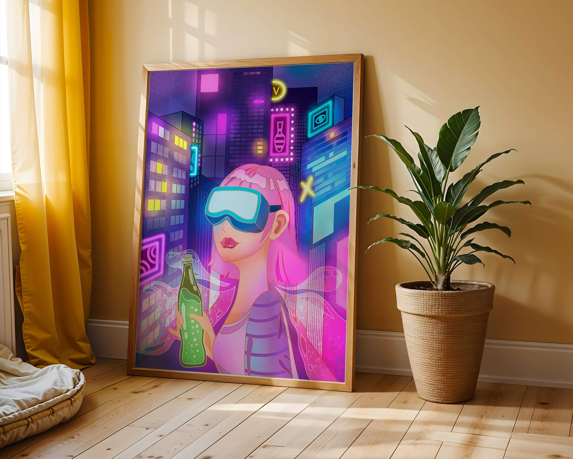 Futuristic urban scene with neon lights and virtual reality elements