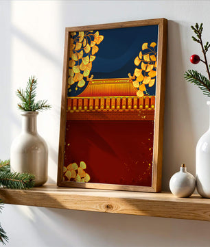 Traditionelles asiatisches Dach mit goldenem Laub auf dunklem Abendhimmel