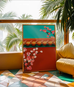Arquitectura asiática tradicional con cerezos en flor