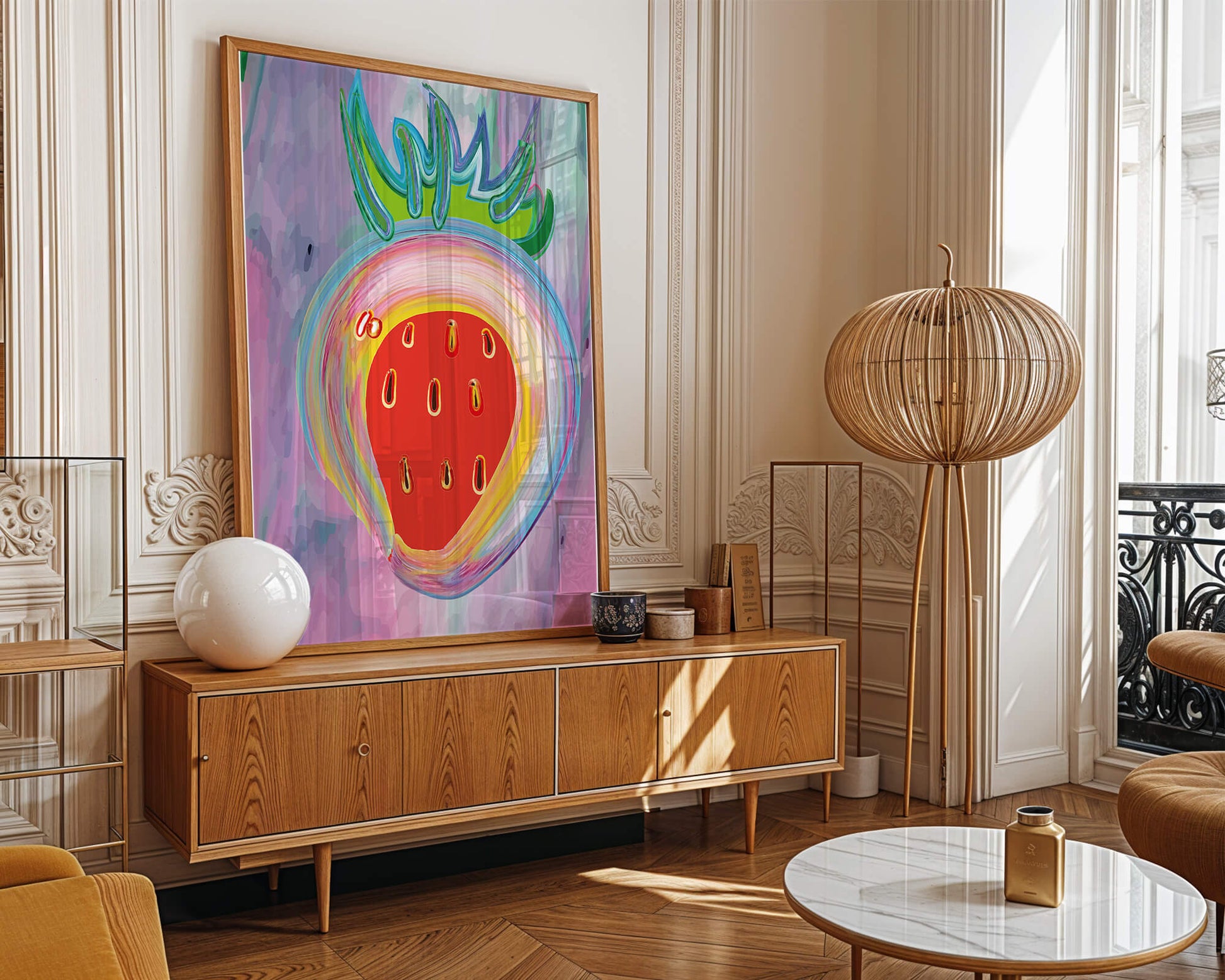 Colorful abstract strawberry with vibrant brush strokes