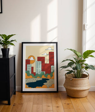 Cityscape At Sunset With Park And Lake